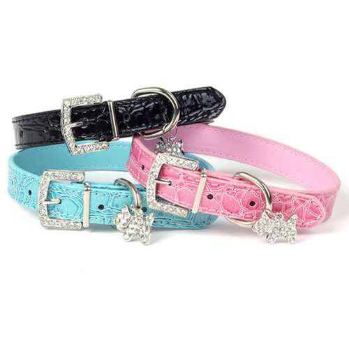 Pups! Crystal Leather Collar - 5 colours available-Pups Closet